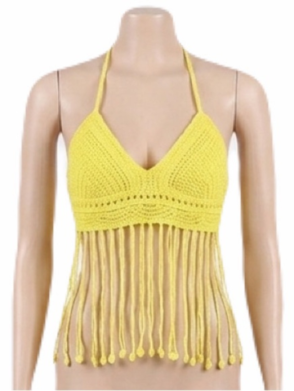 New Woman’s Yellow Boho Fringe Hem Crochet Bikini Top